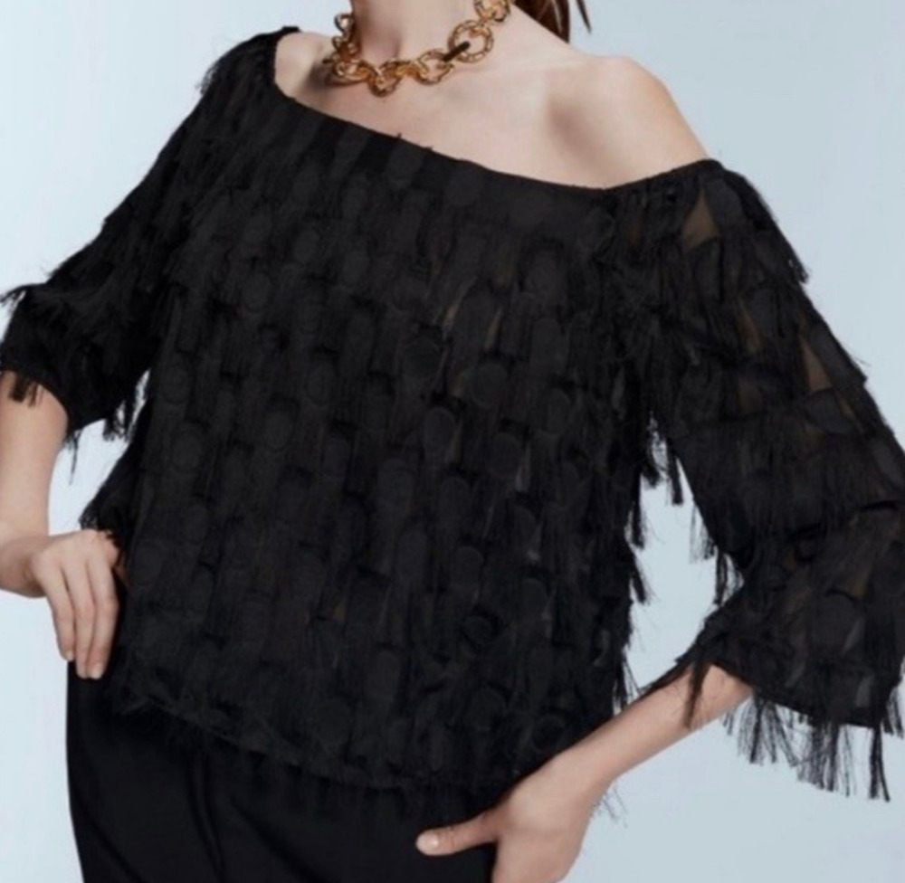 Zara Black Off The Shoulder Fringe Top Blouse Womens Small 3/4 Sleeve Whimsygoth